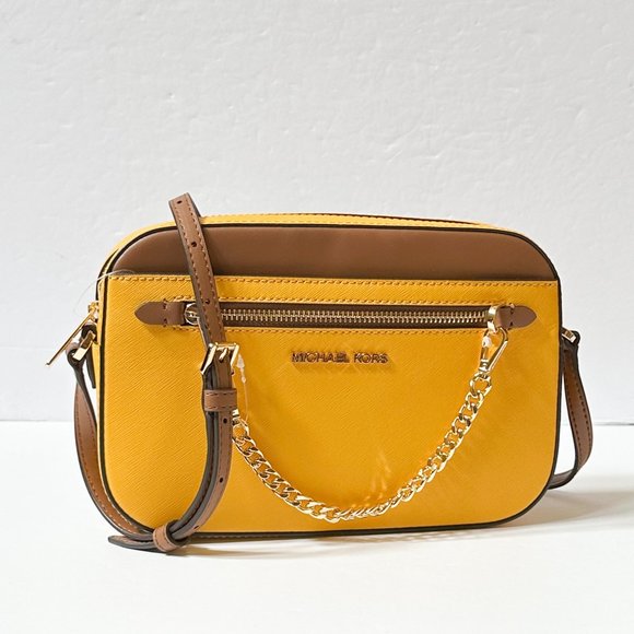 Michael Kors Jet Set East West Chain Shoulder Crossbody Bag Jasmine Yellow/Brown - Picture 2 of 9